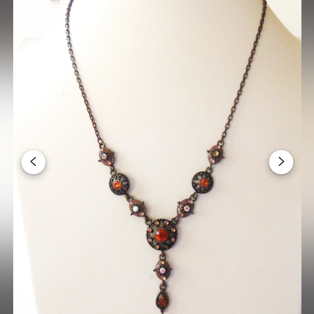 Vintage Victorian style Floral Enamel Rhinestones and brass metal Necklace